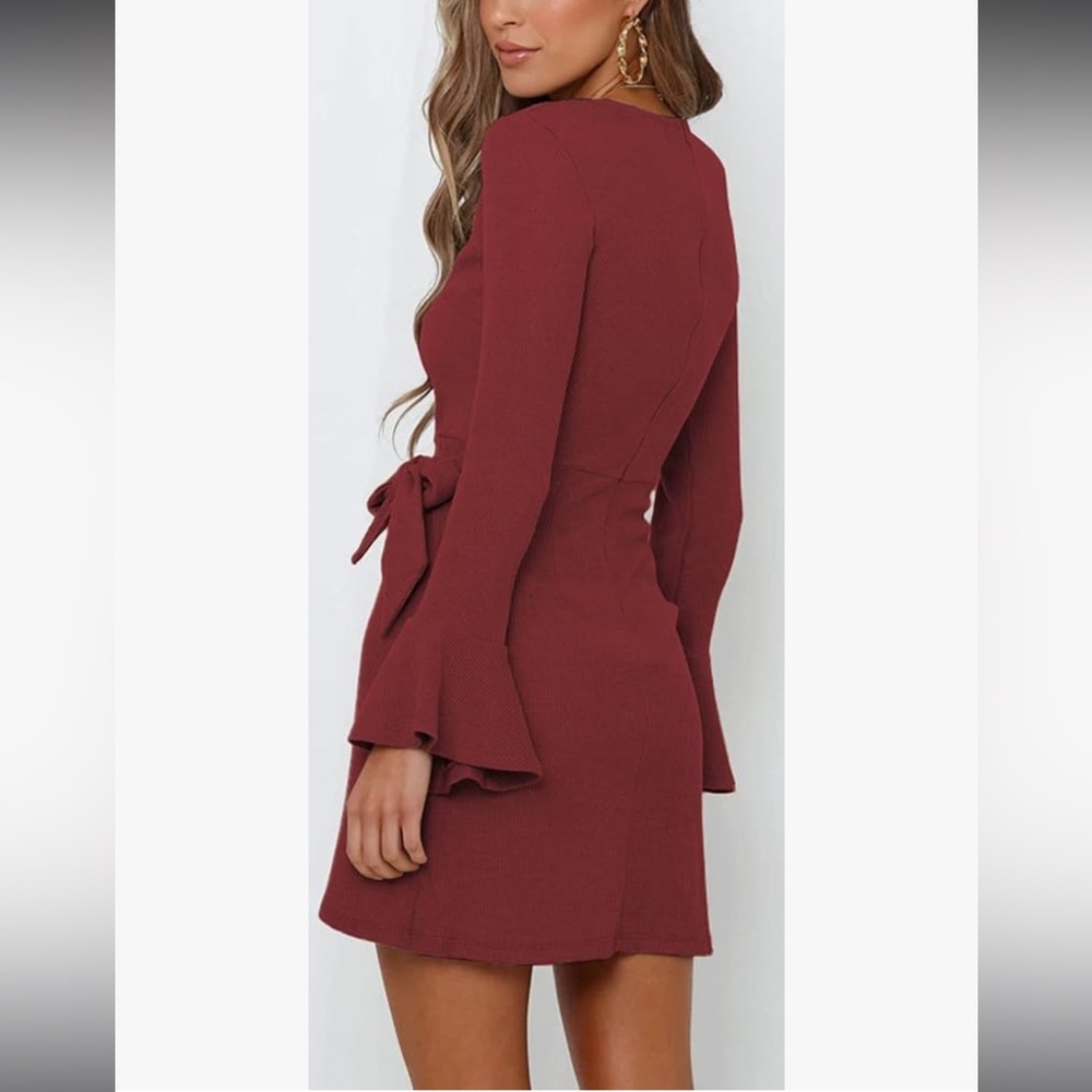 Wrap Tie‎ Waist Long Bell Sleeve Mini Elegant Burgundy Size Large dress - Picture 7 of 11